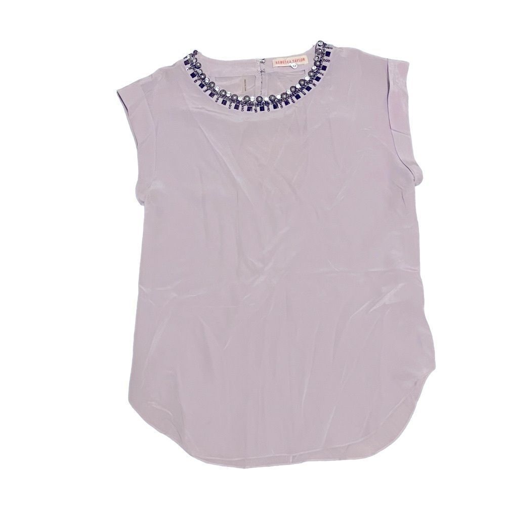 Rebecca Taylor 100% Silk Short Sleeve Rhinestone Neckline Top